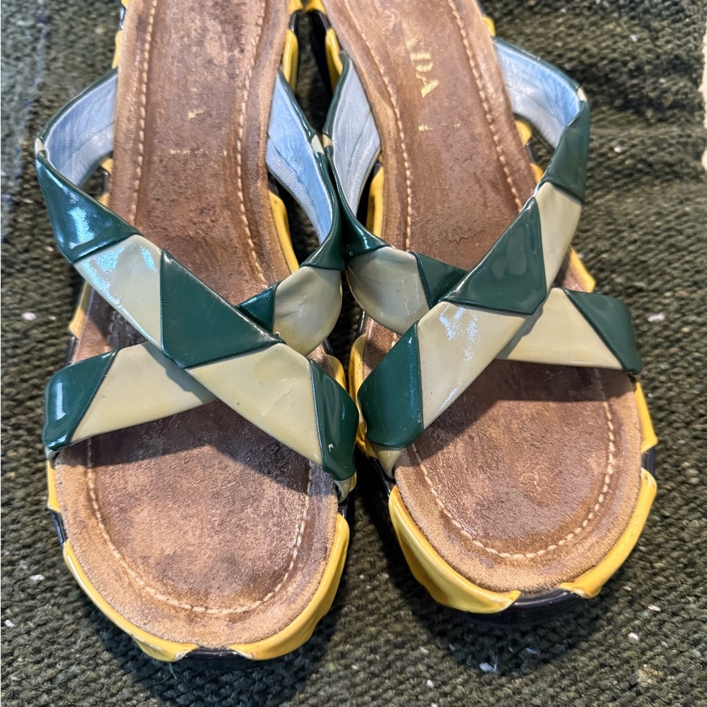 Prada Linea Rossa Green and Yellow Sandals with Geometric Straps